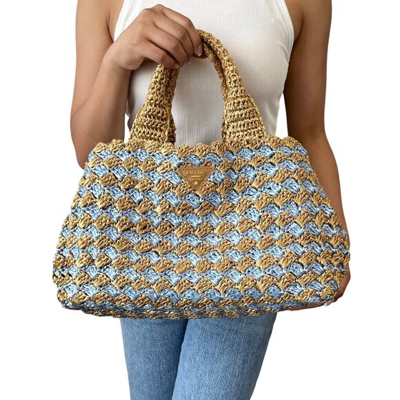 PRADA Vintage Logo Raffia Tote Bag Stripe Blue Beige Polyethylene Snap [105516] - Picture 1 of 14